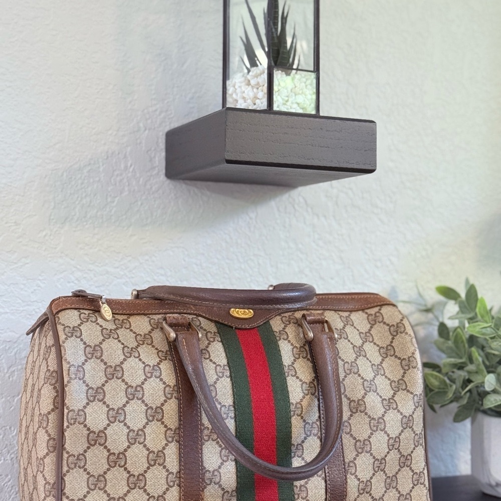 Gucci Beige Monogram Bag with Brown and Green-Red Stripe
